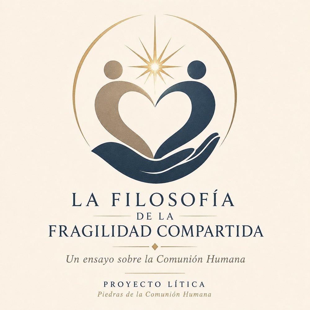 La Filosofía de la Fragilidad Compartida, emblema de Lítica: dos figuras humanas formando un corazón sostenido por una mano