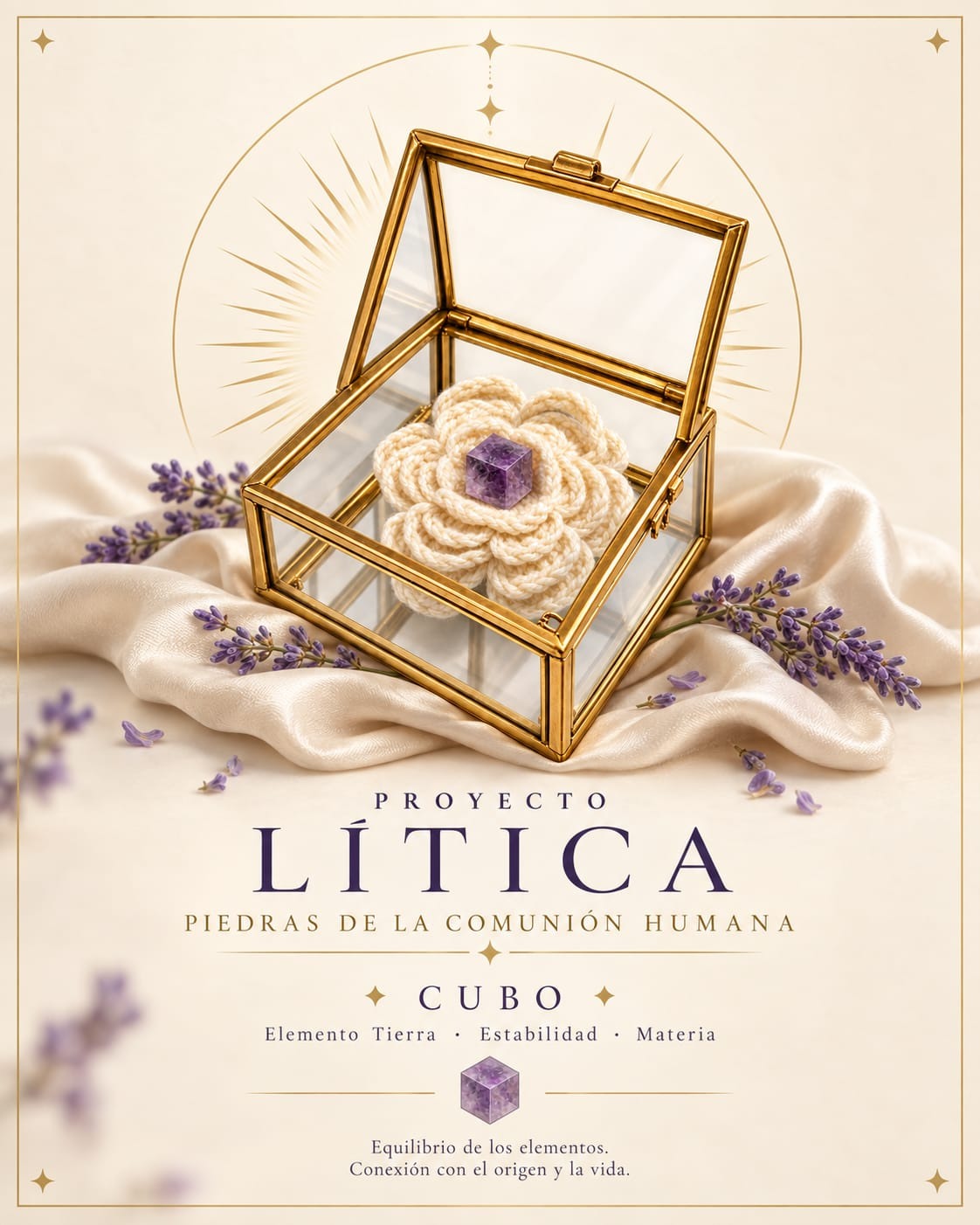 Imagen nueva de Cubo Lítica en cofre dorado sobre seda y lavanda