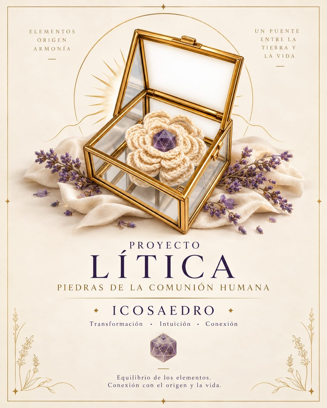 Imagen referencial de icosaedro de cuarzo en prisma de cristal Lítica