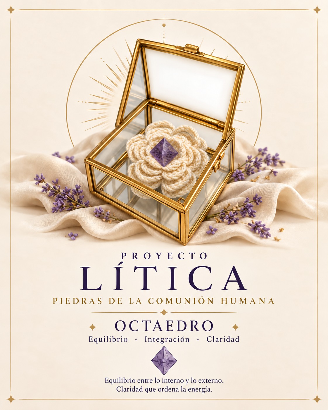 Imagen referencial de octaedro de cuarzo en prisma de cristal Lítica