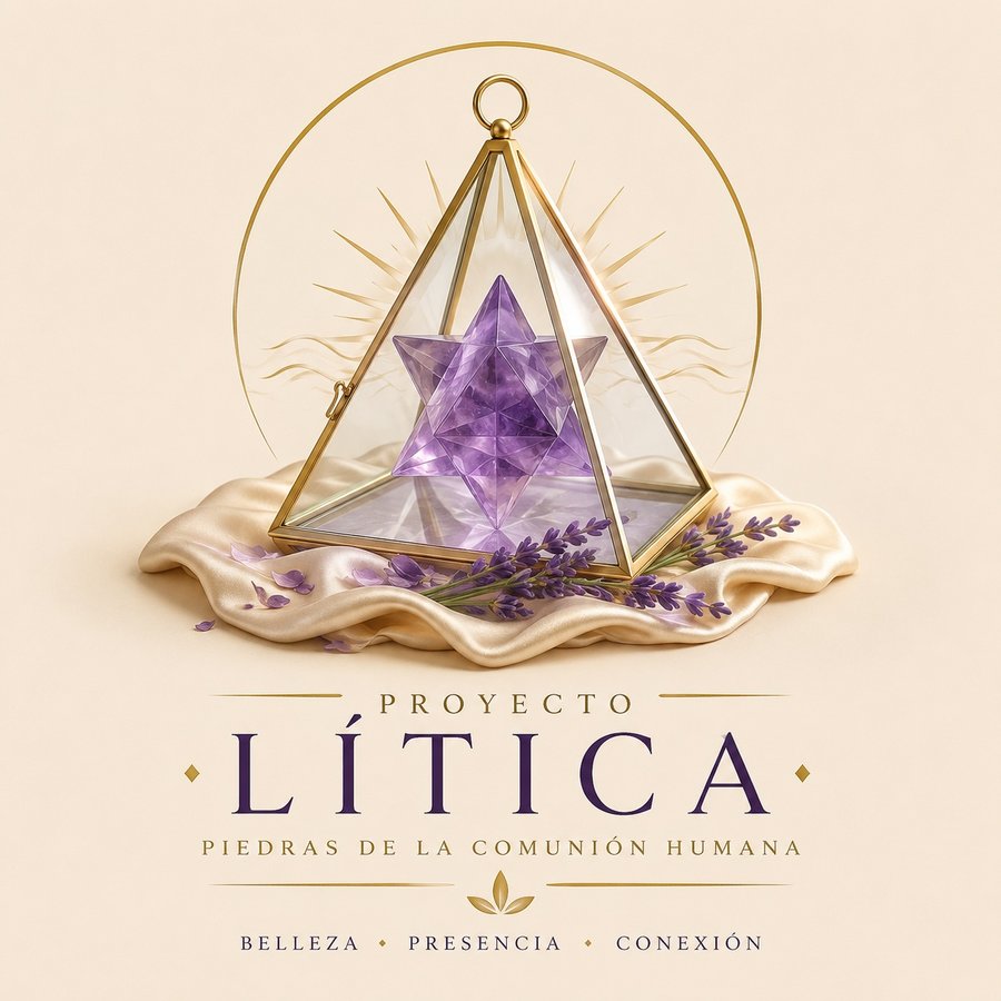 Prisma de cristal y latón dorado con estrella tetraédrica de amatista sobre paño de seda con lavanda
